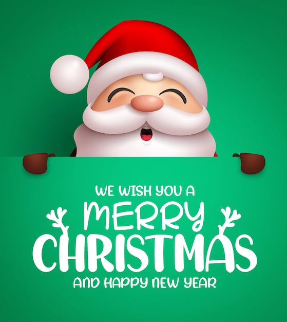 Modelo de banner de vetor de papai noel de natal texto de feliz natal com personagem de papai noel segurando