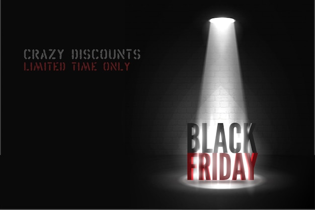 Modelo de banner de vetor de venda por tempo limitado. letras de descontos loucos de fonte de estêncil vintage. poderoso holofote iluminando a inscrição 3d de black friday. layout de design criativo de pôster de venda sazonal