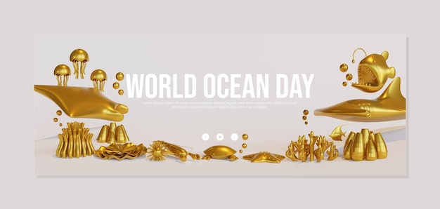 Modelo de banner do dia mundial do oceano com composição de ouro de ilustração 3D de animais marinhos