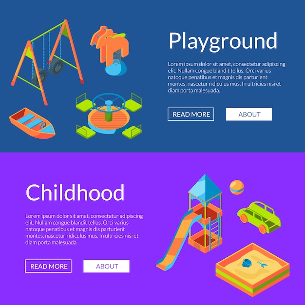 Modelo de banner do vetor isométrica playground web. Cartões de infância e diversão