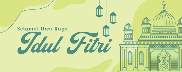 Modelo de banner eid al fitr com bela arte de linha de mesquita