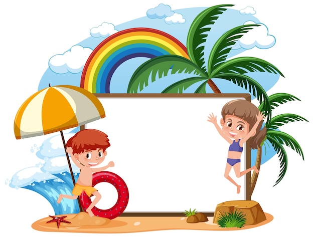 Modelo de banner em branco com muitas crianças nas férias de verão na praia isolada