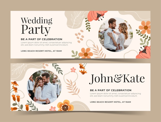 Vetor modelo de banner horizontal de casamento floral design plano