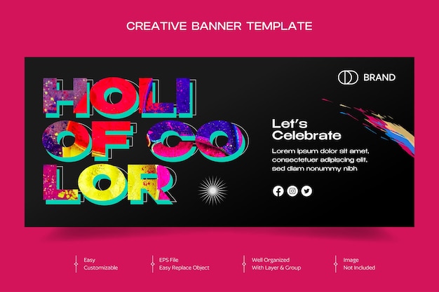 Modelo de banner horizontal de celebração plana do festival holi