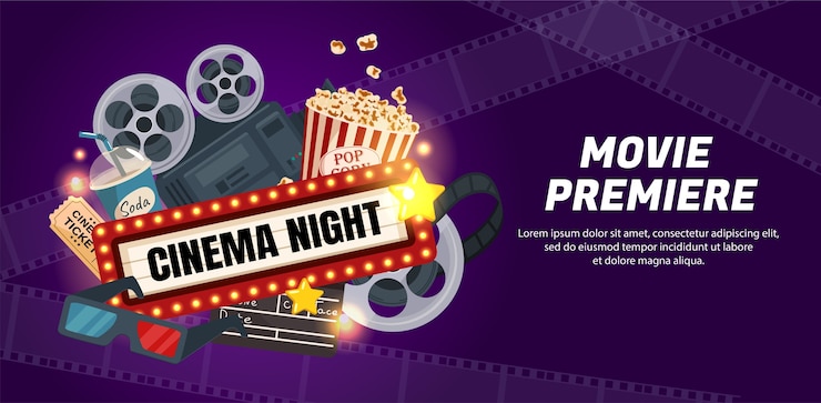 Vetor modelo de banner horizontal de cinema plano desenhado à mão para estréia de filme