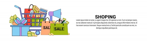 Modelo de banner horizontal de conceito de comércio de compras