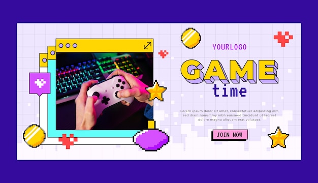 Modelo de banner horizontal de design de pixel plano