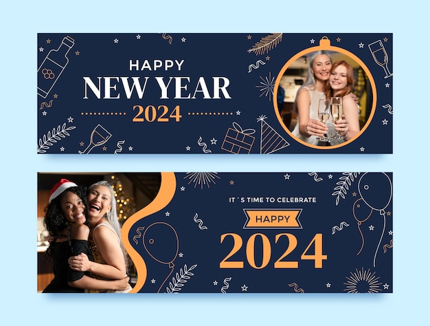 Modelo de banner horizontal desenhado à mão para a celebração do ano novo de 2024