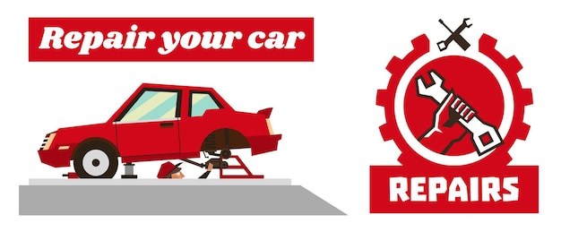 Modelo de banner horizontal em reparos de automóveis Mão de logotipo de reparação segurando uma chave Carro desmontado vermelho Mecânico de automóveis remove redutor Poço de inspeção Ilustração vetorial Estilo simples