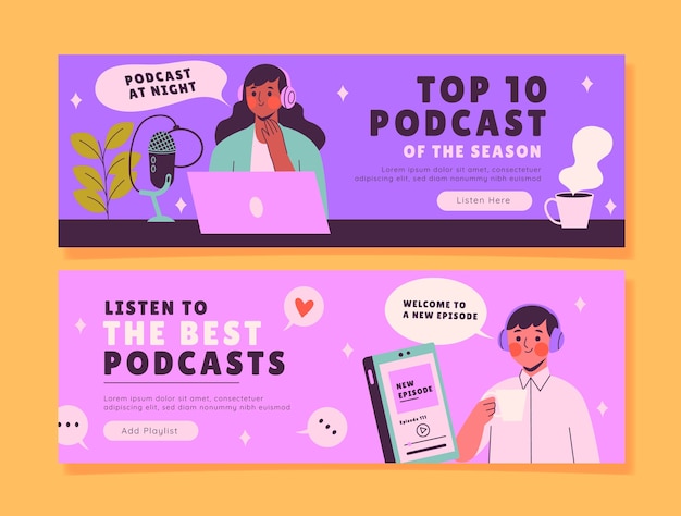 Modelo de banner horizontal plano de podcast
