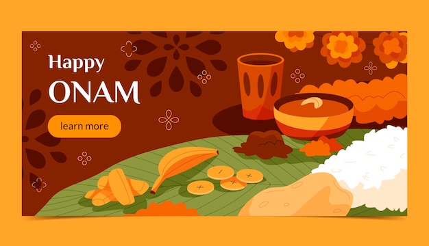 Vetor modelo de banner horizontal plano feliz onam