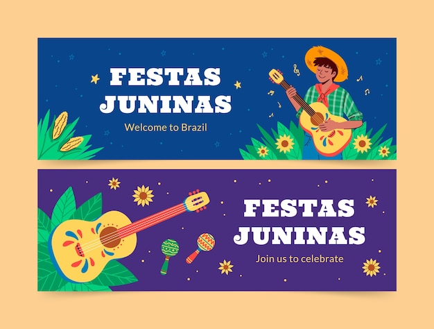 Vetor modelo de banner horizontal plano para celebrações de festas juninas brasileiras