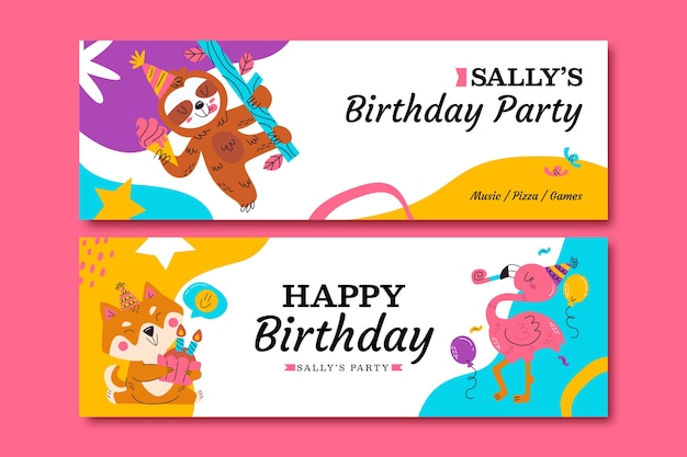 Vetor modelo de banner horizontal plano para festa de aniversário infantil com animal