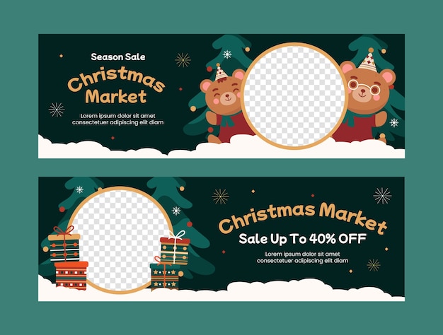 Modelo de banner horizontal plano para o mercado de natal