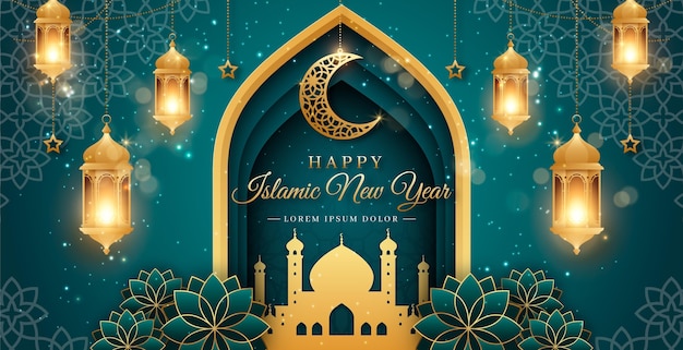 Modelo de banner horizontal realista de ano novo islâmico
