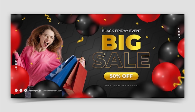 Vetor modelo de banner horizontal realista para vendas na black friday