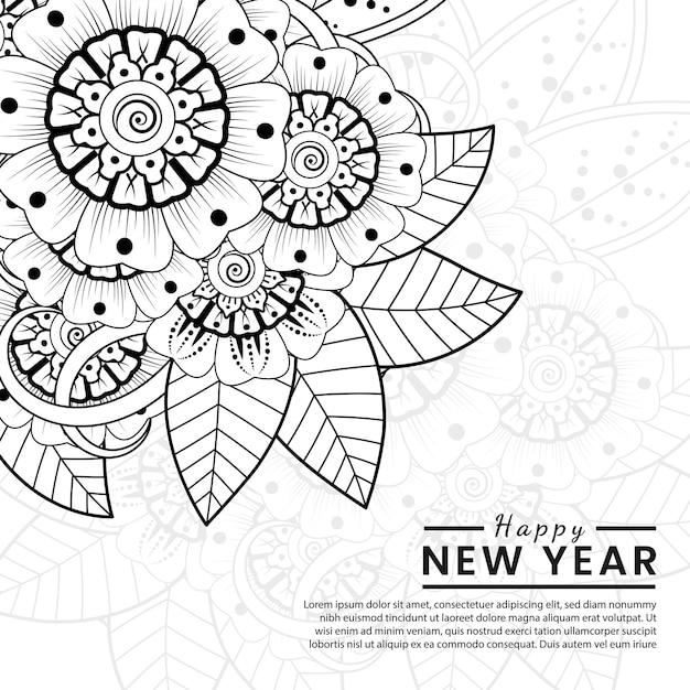 Modelo de banner ou cartão de feliz ano novo com flor mehndi