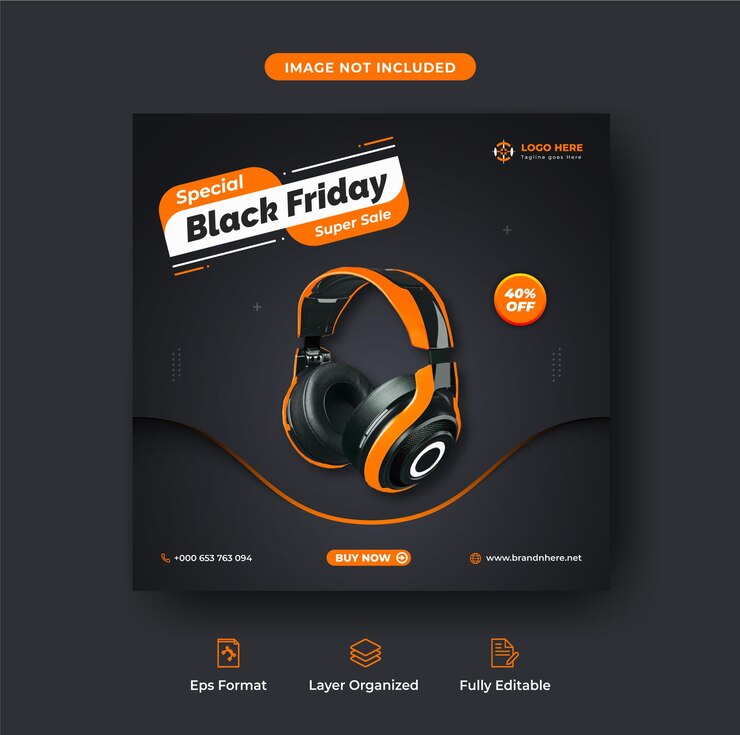 Modelo de banner ou postagem promocional de intagram promocional de fone de ouvido de super venda sexta-feira preta Premium Vector