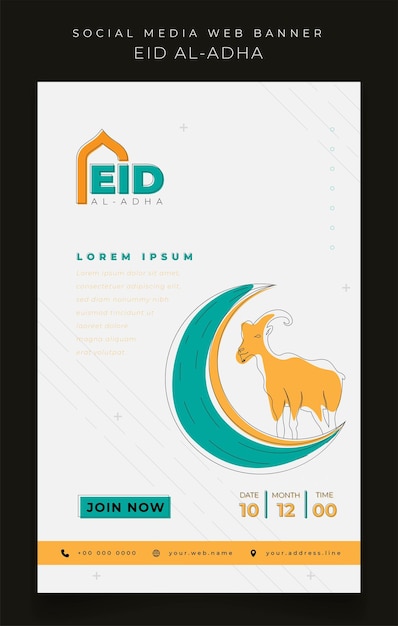 Modelo de banner para férias eid al adha com cabra e crescente em design de fundo branco