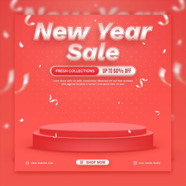 Modelo de banner quadrado com desconto promocional de ano novo