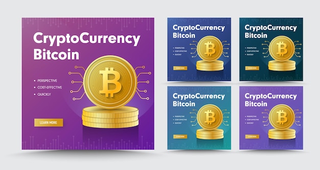 Modelo de banner quadrado de mídia social com uma pilha de bitcoin de cripto moeda de moedas de ouro.
