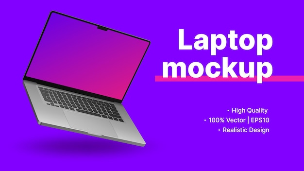 Modelo de banner roxo com maquete de laptop realista. Ilustração vetorial