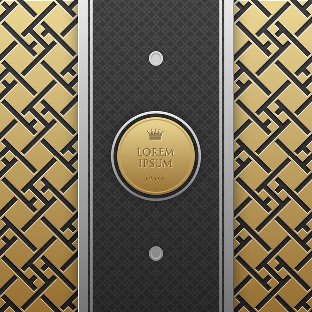 Modelo de banner vertical em fundo metálico dourado com padrão geométrico sem costura. elegante estilo de luxo.