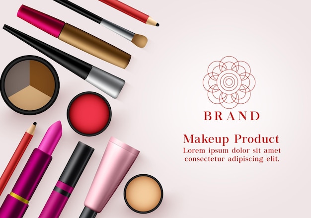 Modelo de banner vetorial de produtos de maquiagem coleção de cosméticos faciais para publicidade simulada beleza