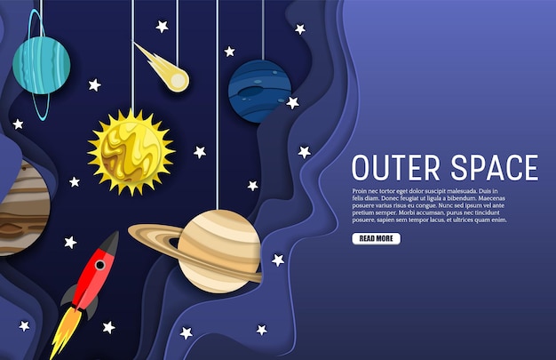 Modelo de banner web do espaço sideral vetor em camadas estilo de corte de papel sol com planetas do sistema solar voando foguete cometa e estrelas viagem espacial universo explorando conceito