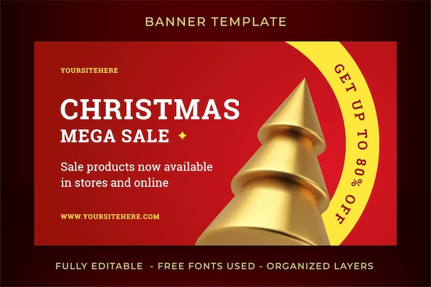 Modelo de banner web vermelho premium de mega venda de natal vetor realista de ícone 3d de abeto dourado