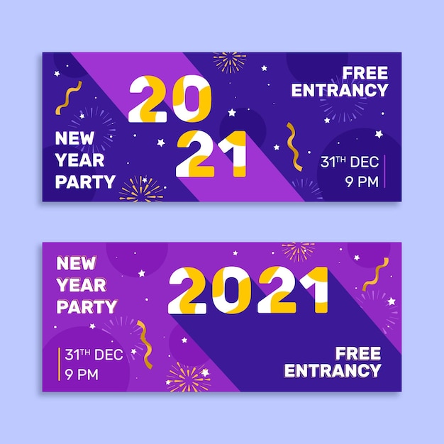 Modelo de banners de festa de ano novo 2021 de design plano