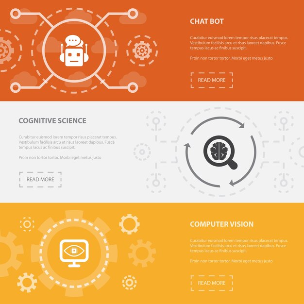 Modelo de banners de página da Web horizontal de Inteligência Artificial 3 com Chat Bot, Ciência Cognitiva, conceito de Visão Computacional. Ilustração de ícones isolados modernos apartamento.