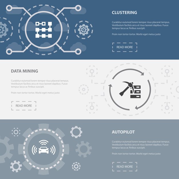 Modelo de banners de página da web horizontal de inteligência artificial 3 com clustering, mineração de dados, conceito de piloto automático. Ilustração de ícones isolados modernos apartamento.