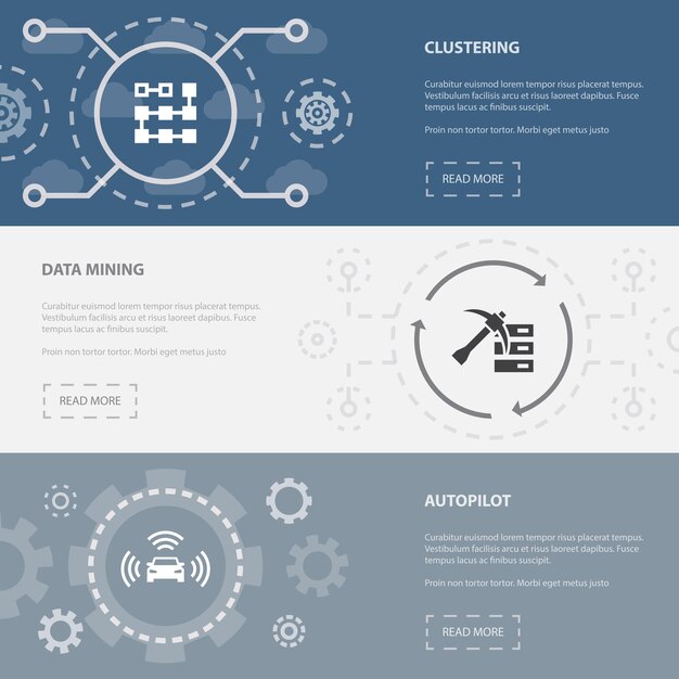 Vetor modelo de banners de página da web horizontal de inteligência artificial 3 com clustering, mineração de dados, conceito de piloto automático. ilustração de ícones isolados modernos apartamento.