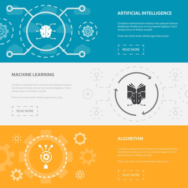 Modelo de banners de página da web horizontal de inteligência artificial 3 com inteligência artificial, aprendizado de máquina, conceito de algoritmo. Ilustração de ícones isolados modernos apartamento.