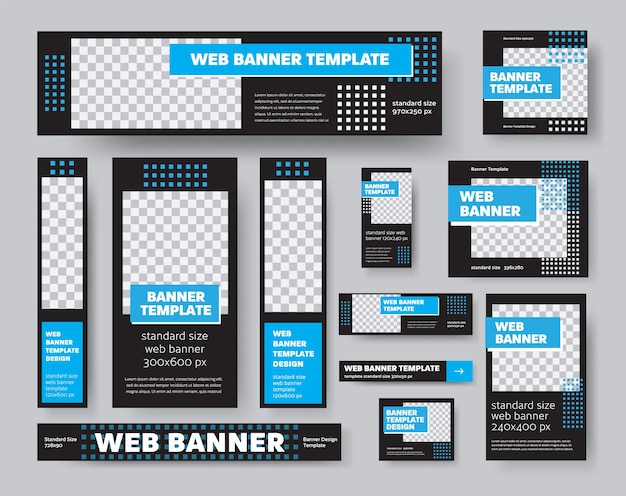 Modelo de banners web pretos, com lugar para foto, com elementos geométricos azuis, para design de apresentação. conjunto de cartazes padrão com ilustração vetorial, para publicidade em mídias sociais, loja online