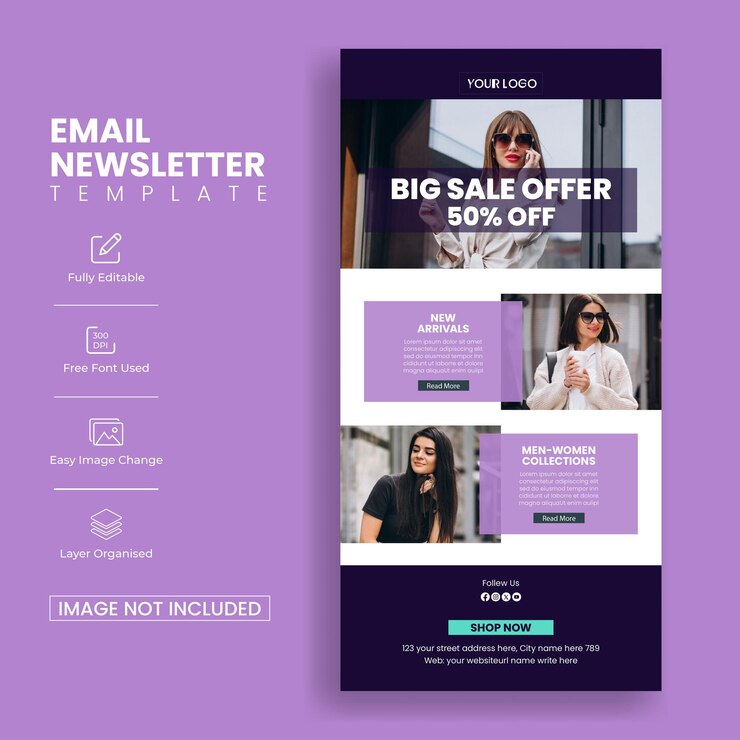 Vetor modelo de boletim de notícias de e-commerce para site de venda de moda design de modelo ui