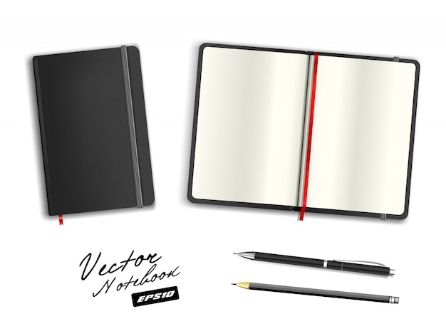 Modelo de caderno aberto e fechado preto com faixa elástica e marcador. caneta e lápis de papelaria preto realista de papelaria. ilustração de caderno em fundo branco.
