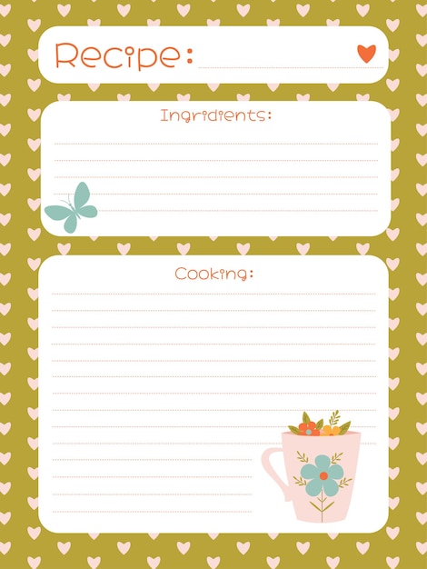 Modelo de caderno de receitas de primavera com copo e corações