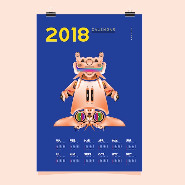 Modelo de calendário 2018 com ilustração do projeto de robô