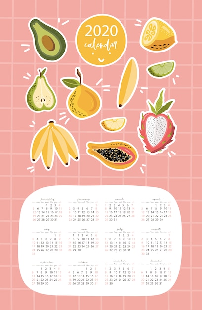 Modelo de calendário 2020 com frutas.