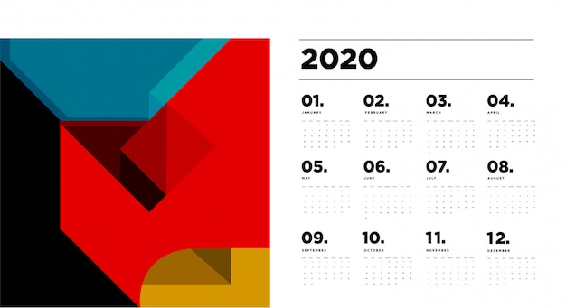 Vetor modelo de calendário 2020 com fundo geométrico abstrato colorido