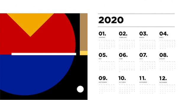 Modelo de calendário 2020 com fundo geométrico abstrato colorido