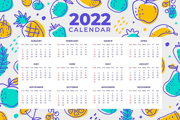 Modelo de calendário 2022 desenhado à mão