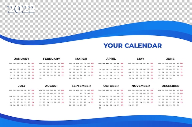 Modelo de calendário 2022 na cor azul