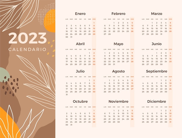 Modelo de calendário 2023 desenhado à mão em espanhol