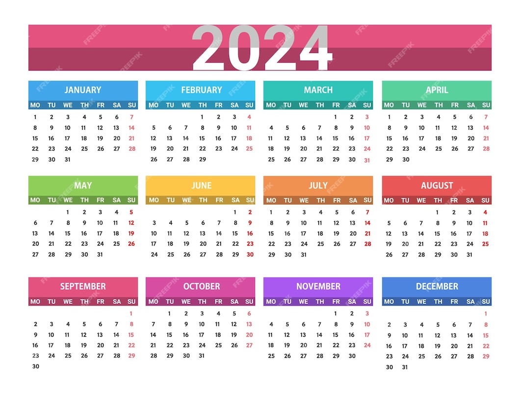 Modelo de calendário 2024 colorido Vetor Premium