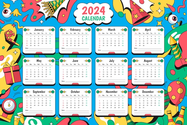 Vetor modelo de calendário 2024 desenhado à mão