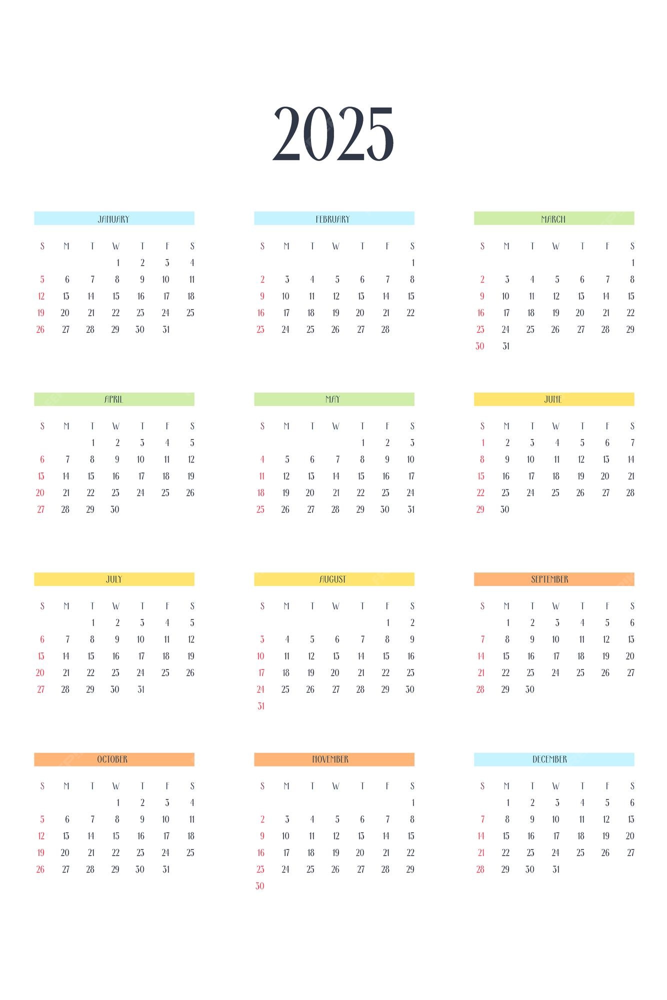 Modelo de calendário 2025 em estilo estrito clássico com elementos multicoloridos calendário 