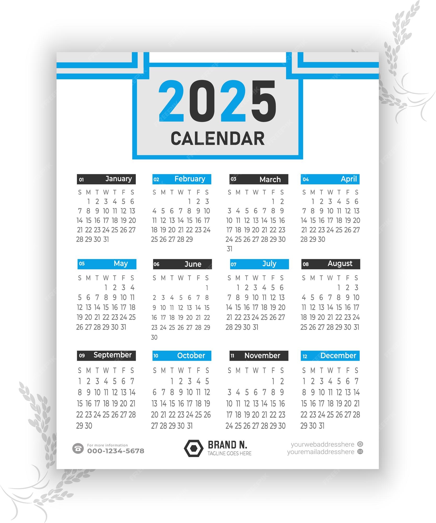 Modelo de calendário 2025 Vetor Premium